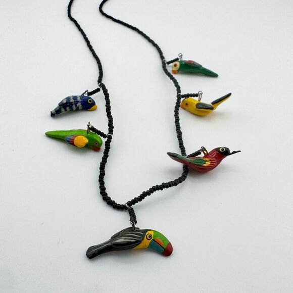 Vintage UPAVIM Guatemala Ceramic Bird Necklace Hand Painted Folk Art Fair Trade - Picture 5 of 11